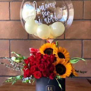 rosas, girasoles, globo