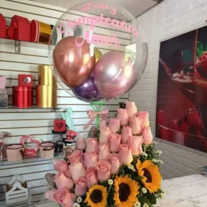 rosas, girasoles, globo