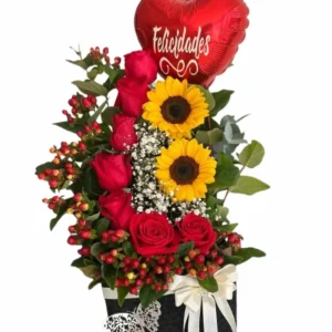 rosas, girasoles, globo, regalos